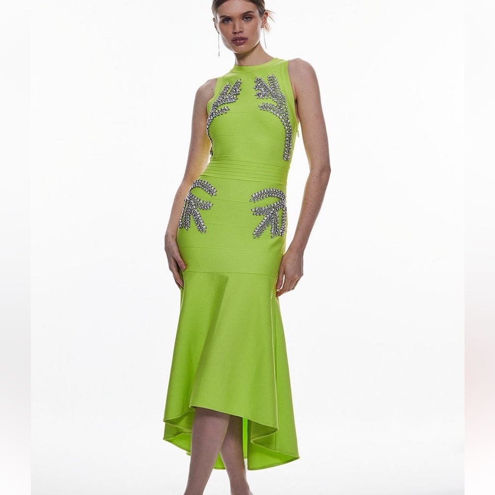 Karen Millen embellished lime green hi low midi dress, size medium.